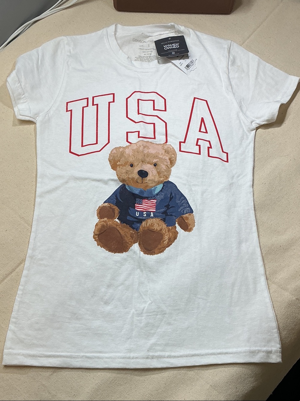 Grayson Threads White Tee with Red USA Letters and Teddy Graphic